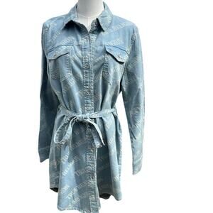 True Religion Light Denim Shirt Dress All-over logo Sz L Western Rodeo Cowgirl